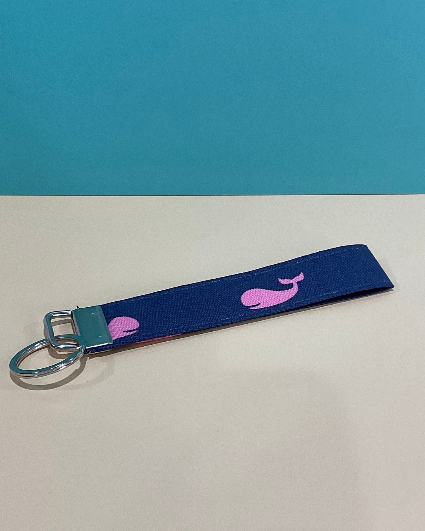 Navy Pink Whale Wristlet Keyfob